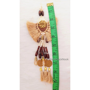 Beige Tassels With White Acrylic And Brown Wood Button In Kundan Stones, Wood Beads, Pearls